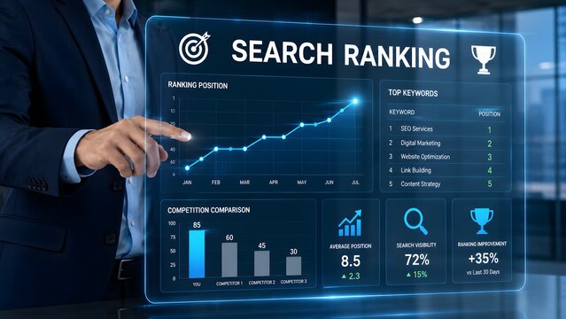 A business professional interacting with a futuristic digital interface showing search ranking data analytics and growth charts in office