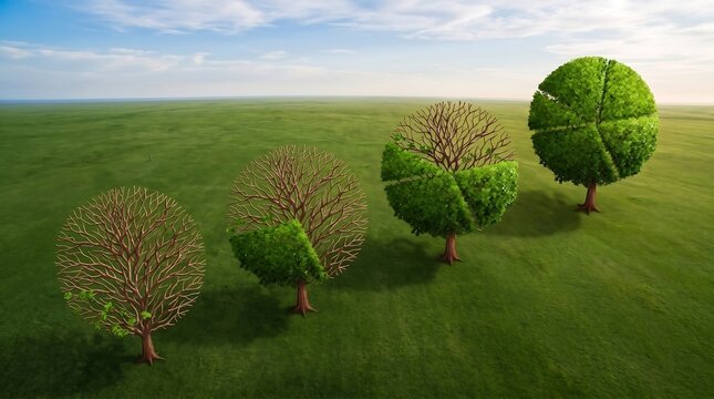 Metaphorical pie chart trees showing stages of growth in a field