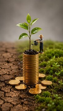 Small plant growing out of a stack of coins with tiny figures