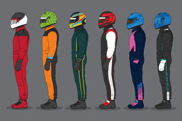 Obraz premium Race Car Drivers in Colorful Racing Suits and Helmets Illustration