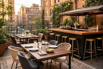 Obraz premium Empty Intimate Outdoor Lounge Restaurant's Luxury Courtyard Terrace Area in Urban New York City with Bar, Table Dining, and Seating Chairs. Happy Hour Friends Party Outdoor Cafe Drinking Time Together