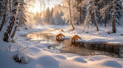 Fototapeta premium Two foxes drink water from small creek in winter forest. Snowy landscape with frozen riverbank, sun rays shine through birch trees. Animals walk on white snow surface during cold season morning. Wild