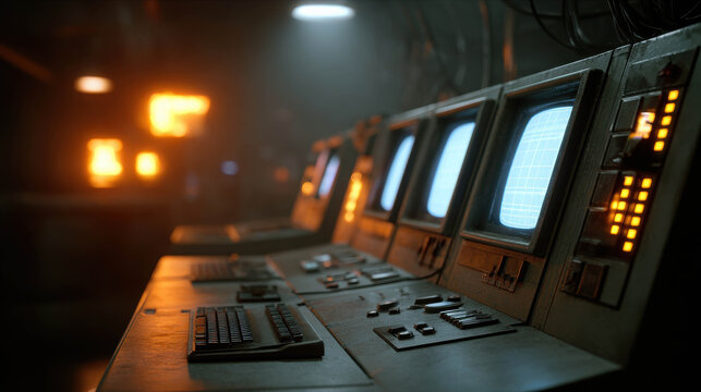 An old control room with multiple vintage monitors and keyboards, bathed in the warm glow of orange lights, creating a retro-futuristic atmosphere