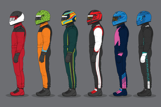 Race Car Drivers in Colorful Racing Suits and Helmets Illustration