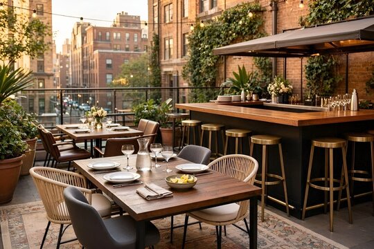 Empty Intimate Outdoor Lounge Restaurant's Luxury Courtyard Terrace Area in Urban New York City with Bar, Table Dining, and Seating Chairs. Happy Hour Friends Party Outdoor Cafe Drinking Time Together