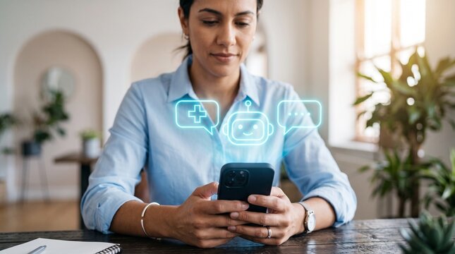 A woman is holding a smartphone while a glowing robotic chat icon and health symbols hover above the screen in a bright modern home interior.