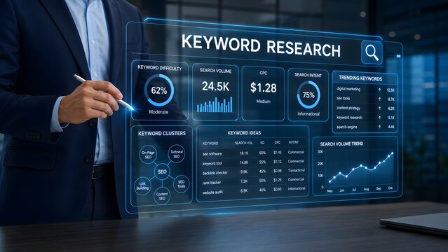 A business professional using a futuristic digital interface to analyze keyword research data and search engine optimization performance metrics
