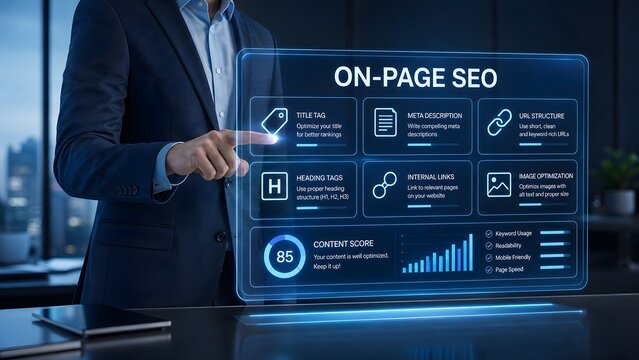 A professional businessman interacting with a digital holographic interface displaying various on page search engine optimization strategy data metrics