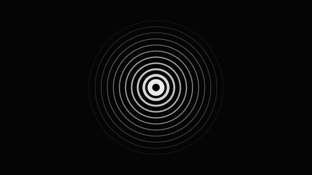 White concentric rings expanding symmetrically on a black background in a minimalist style