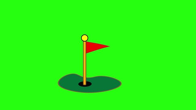 Animated golf ball rolling into a hole with a red flag on a green screen. Ideal for sports and success concepts.