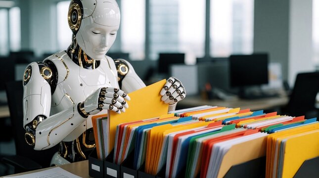White android robot works in modern office sorting colorful paper folders. Cybernetic machine organizes business documents for digital data management. Smart humanoid artificial intelligence improves