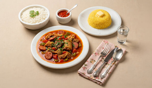 Panelada nordestina tradicional servida com cuscuz nordestino com manteiga, arroz branco, molho de pimenta e copo de cacha&ccedil;a. 