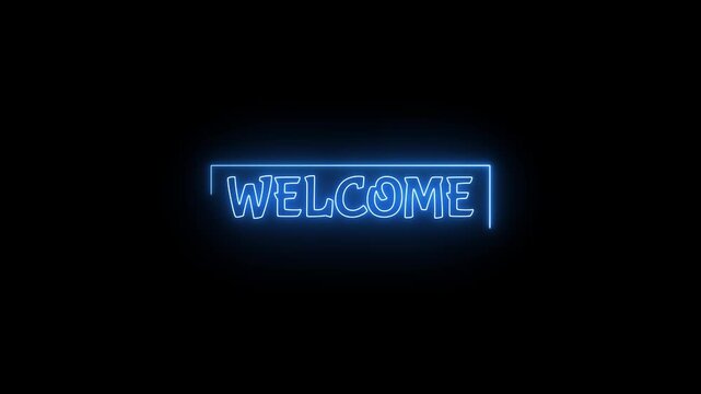 Glowing blue neon welcome sign blinking on a black background. Ideal for intros, vlogs, or business entrances.