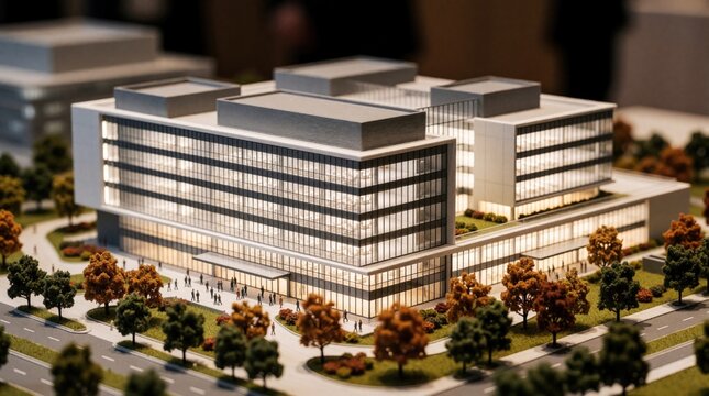 Miniature model of modern office building on table. Architectural display features illuminated glass facades, surrounding green landscape with small trees. Professional scale structure shows urban