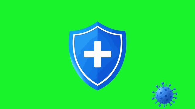 Blue medical shield with a cross blocking a virus cell on a green screen. Perfect for health and immunity themes.