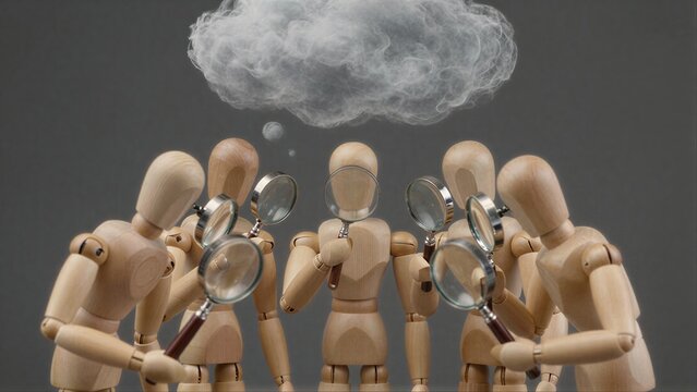 Wooden figures with magnifying glasses examine a cloud above them.