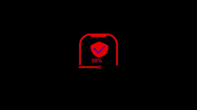 Security indicator features a bold red outline of a shield and a fifty percent progress bar floating on a deep black background, highlighting a critical alert or restricted access state for software.