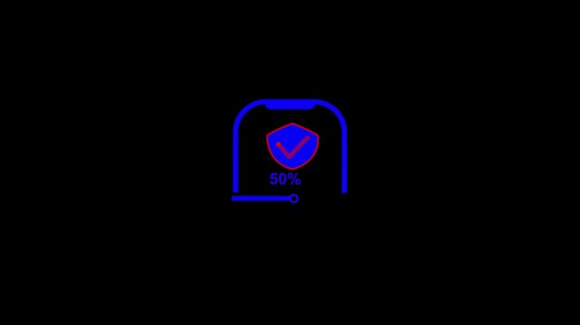 Security symbol rendered in blue neon lines shows a shield with a checkmark and a fifty percent loading status bar set against a pitch black backdrop to represent secure digital authentication.
