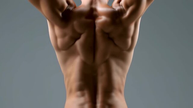 Muscular male back with raised arms showing pronounced shoulder blade and latissimus contraction against neutral gray studio background, strong anatomy, posture, symmetry, and fitness detail