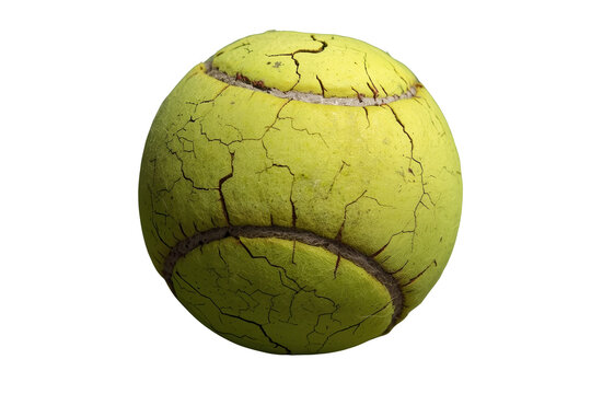 Cracked worn green tennis ball isolated on transparent background