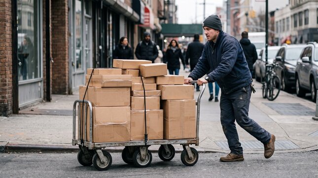 Delivery worker pushing cart with packages. Courteous courier transporting parcels in urban environment.