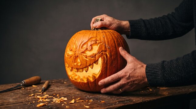 Hands carving a Halloween pumpkin for festive decoration.
