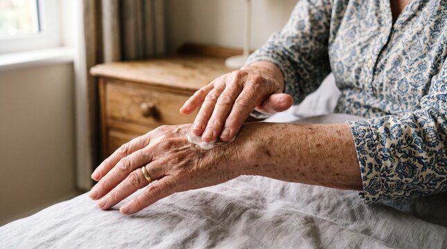 Elderly hands applying moisturizer for skin care. 