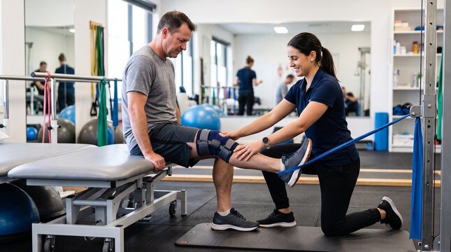 Physiotherapist assisting patient with leg exercise. Healthcare professional supporting recovery and mobility.