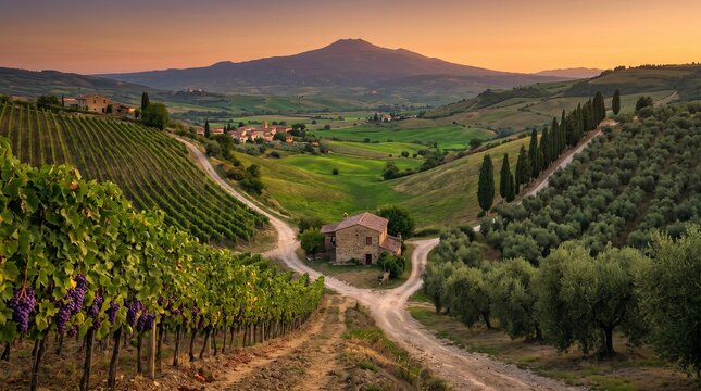 Scenic vineyard landscape with rolling hills and sunset sky. Beautiful rural scenery showcasing lush grape fields and peaceful countryside.