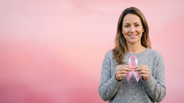 Woman holding pink ribbon for awareness. Female supporter promoting health and charity causes.