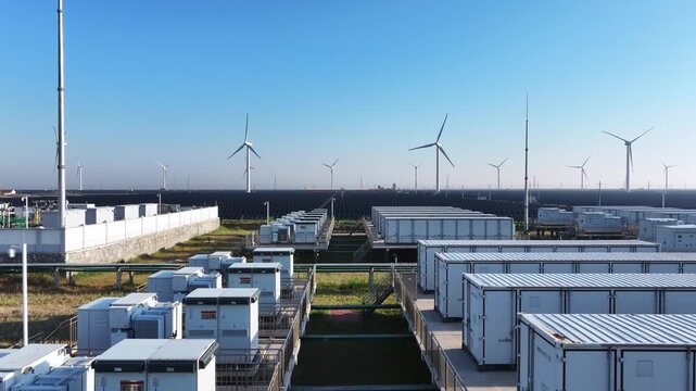 Wind farm with energy storage container arrays and wind turbines under clear blue sky