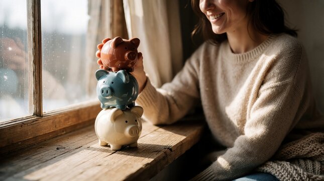 Smiling woman stacks three colorful ceramic piggy banks on rustic wooden windowsill indoors. Happy person builds balance with coin money boxes for future savings planning. Lady wears soft knitted