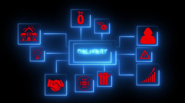 Delivery flow chart highlights key operational milestones using a red and blue digital interface that maps out business logistics and project management steps for clear professional visual reporting.