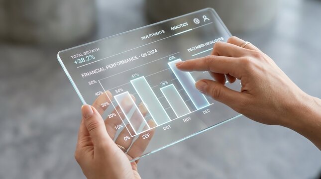 Future technology a person interacting with a transparent tablet displaying financial performance charts and graphs