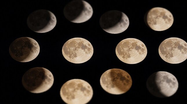 Celestial montage shows moon in various phases against black void. Different lunar shapes appear from crescent to full, illustrating natural cycle and eclipse progression across night sky.