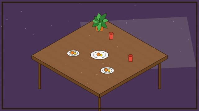 Minimalist Isometric Illustration of a Diner Table with Food