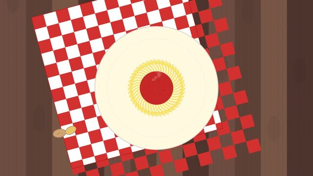 Flat design illustration of spaghetti dinner on checkered tablecloth