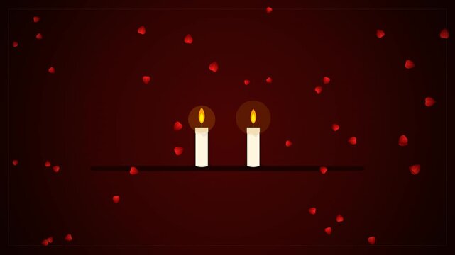 Romantic lit candles with falling red petals on dark background