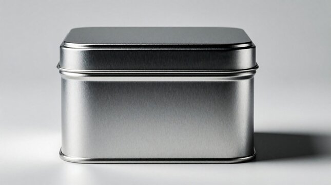 Empty square metal tin box on grey background. Closed silver container for food storage product packaging. Industrial minimalist design object with smooth brushed surface. Professional studio setup