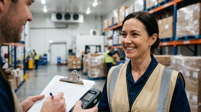Smiling reassuringly at a colleague as a cold chain compliance check concludes successfully.