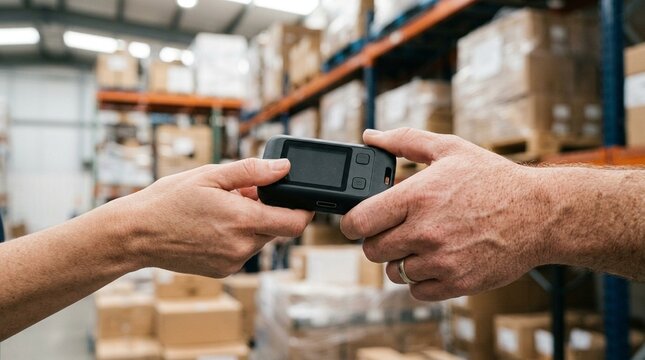 Passing a data logger between two compliance officers during a shared shipment review.