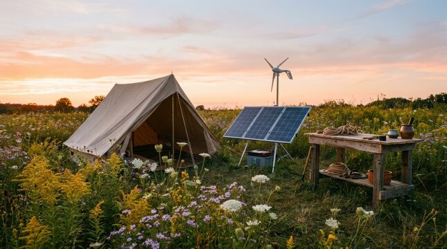 Tent with solar panel and wind turbine in a blooming wildflower meadow. Off-grid living camp setup for sustainable lifestyle. Eco-friendly energy autonomy in the wilderness at sunset.