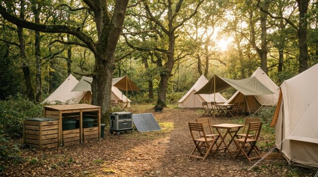 Off-grid campsite in forest with bell tents and portable solar power station. Sustainable wilderness living and eco-friendly camping site for adventure travel and outdoor lifestyle.