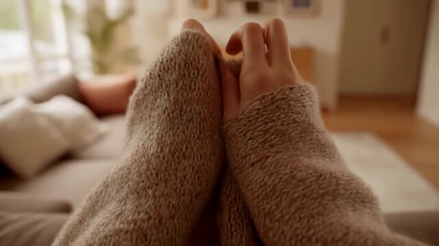 Hands adjusting oversized chunky knit sweater sleeves in cozy living room close-up, subtle finger movement, soft daylight, relaxed home mood with warm neutral textures