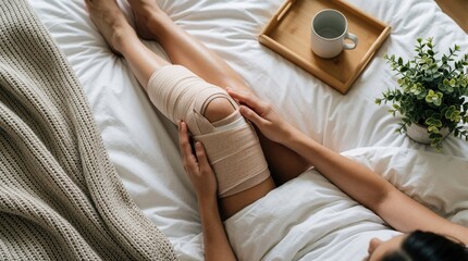 Fototapeta premium Woman touches injured knee with elastic compression bandage in white bed at home. Female patient resting during leg recovery process. Person receives medical rehabilitation after surgery sprain