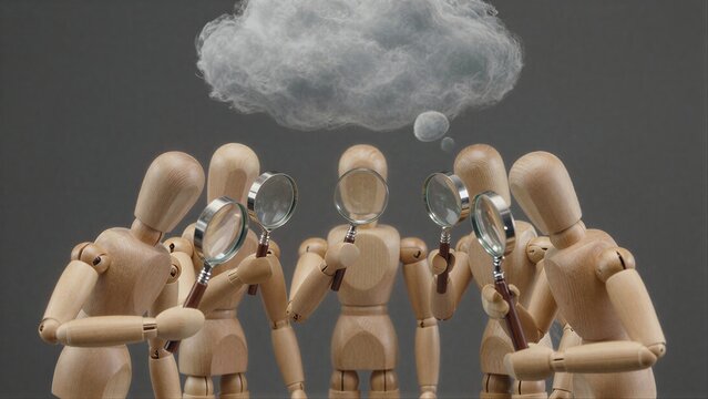 Wooden figures with magnifying glasses examine a cloud above them.