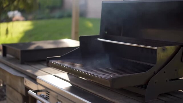 Open backyard gas grill releasing smoke over empty ribbed grate in warm afternoon light beside wooden patio countertop, showing rising heat haze and ready cooking surface