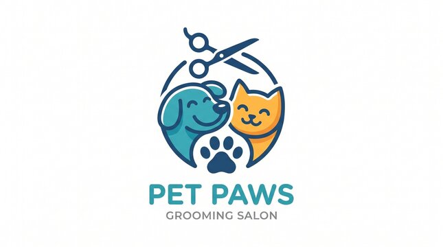 Pet grooming salon logo design featuring a happy dog and cat with scissors and a paw print