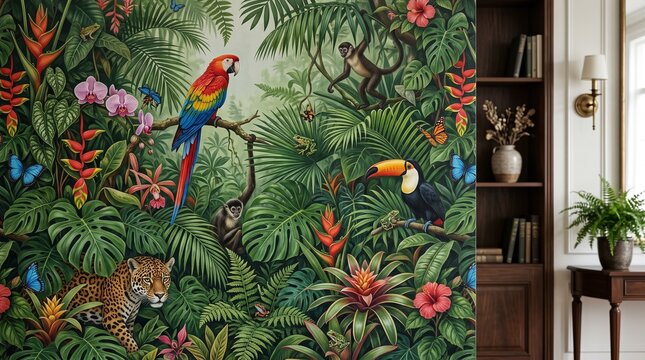 Jungle wall mural with exotic animals and tropical plants interior