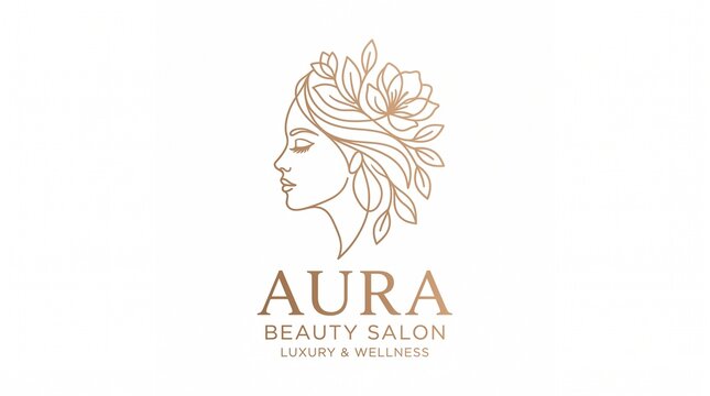 Elegant line art logo of a woman with flowing floral hair, symbolizing beauty, wellness, and refined personal grooming, ideal for luxury salons